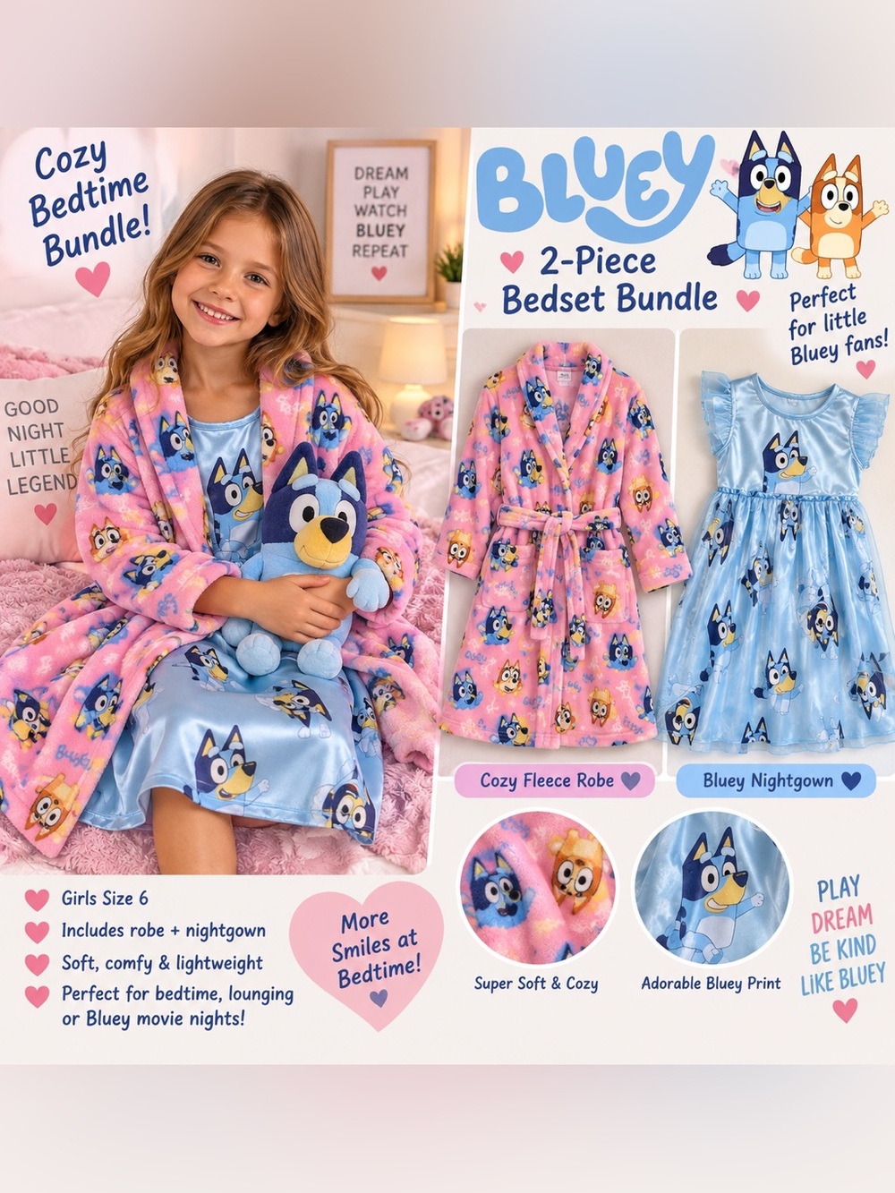 Bluey 2-Piece Kids Pajama Set - Pink Fleece Robe & Blue Nightgown